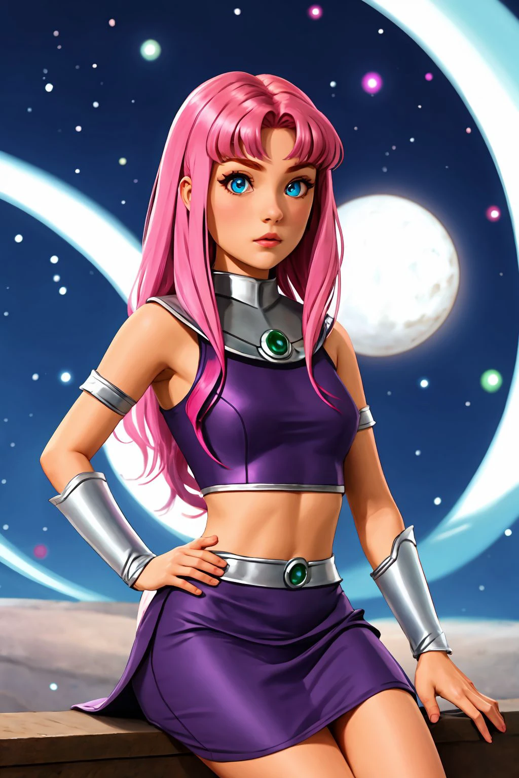 1girl, pink hair, peach eyes, <lora:Starfire Costume_v1:1> starfire costume, upper body