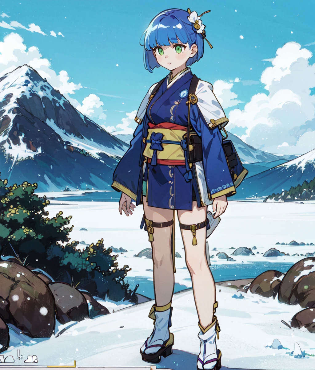 (masterpiece, best quality;1.3), ultra detailed, <lora:YukimeV4:0.9>, YukimeV4,looking at viewer, from above,
fighting stance, cowboy shot, japanese clothes, kimono, sash, bare legs, obi, sandals, short kimono, standing, large breast, snow,
beach, <lora:jcjp:0.7>