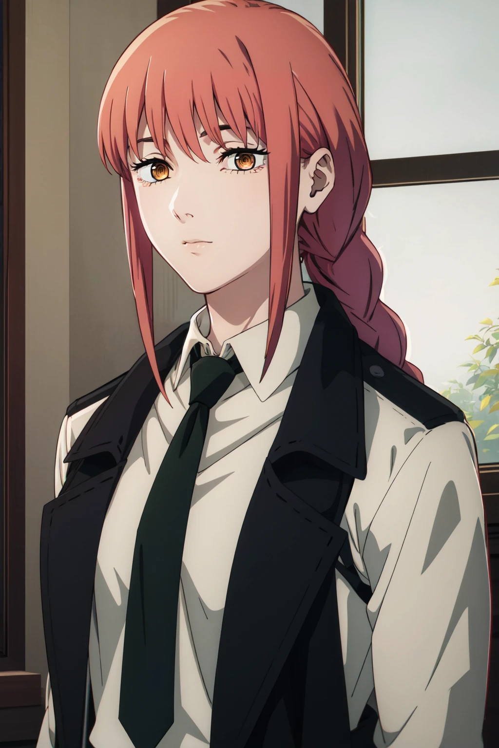 <lora:anime_screencap_v2:0.3> tall body, tall, long legs, mature female, mature, adult, <lora:GoodHands-beta2:1.4>,
<lora:eft_makima-02:0.8>, EFT_Makima, 1girl, makima (chainsaw man), solo, ringed eyes, braid, looking at viewer, smile, (yellow eyes:1.2), red hair, braided ponytail, window, sidelocks, bangs, formal, shirt, collared shirt, suit, coat, black jacket, long hair, long sleeves, jacket, black coat, medium hair, business suit, upper body, light smile, white shirt