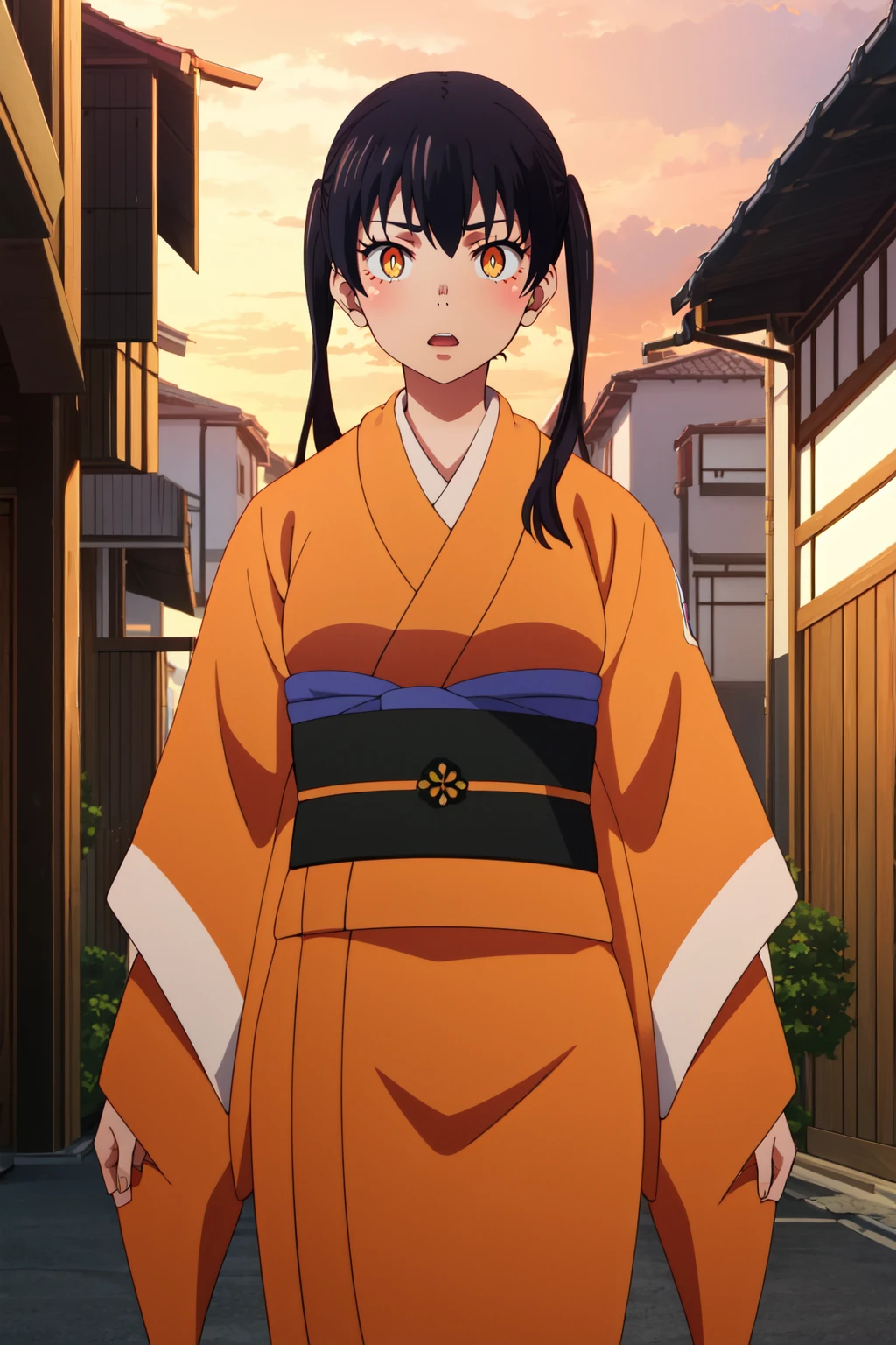 <lora:anime_screencap_v2:0.3> tall body, tall, long legs, mature female, mature, adult, <lora:GoodHands-beta2:1.4>,
<lora:eft_ff_tamaki:1> , eft_FireForce_Tamaki, 1girl, japanese clothes, kimono, solo, twintails, black hair, looking at viewer, upper body, open mouth, bangs, orange eyes, long hair