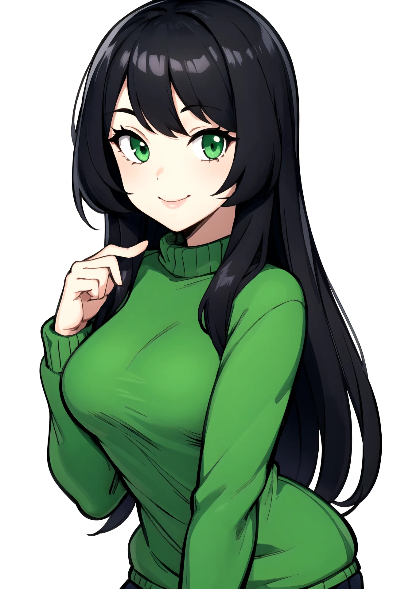 1girl, black hair, long hair, green eyes, smile, green sweater, medium breasts, simple background, white background,