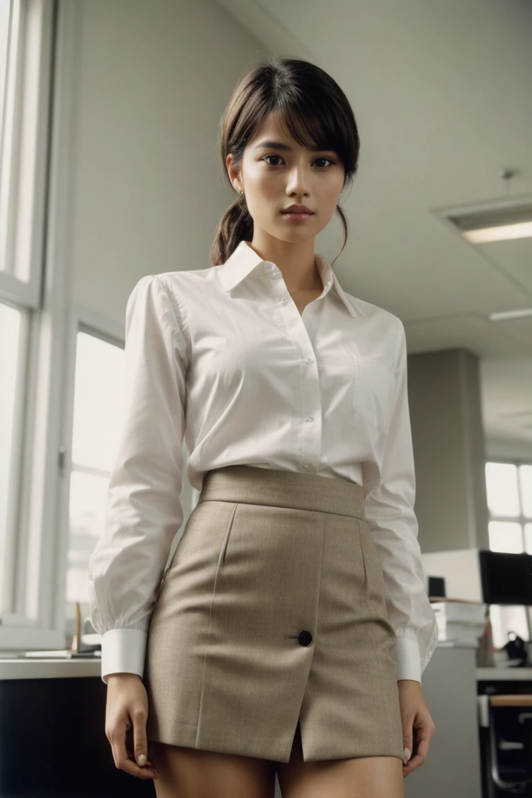 Film still, cinematic, close up portrait of a cute woman, at the office wearing blouse and skirt, tall socks, shot on film, sharp focus, shot on canon, backlit, rim light, detailed skin texture, detailed eyes, polaroid