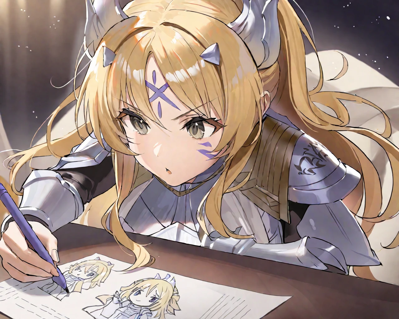 <lora:EcclesiaLoraXL:0.85>,(1girl:1.2),(solo:1.2),masterpiece,best quality,nice hands,perfect hands,long hair,concentrated expression,drawing with a crayon,drawing on a paper,:P,blonde hair,armor,facial mark,