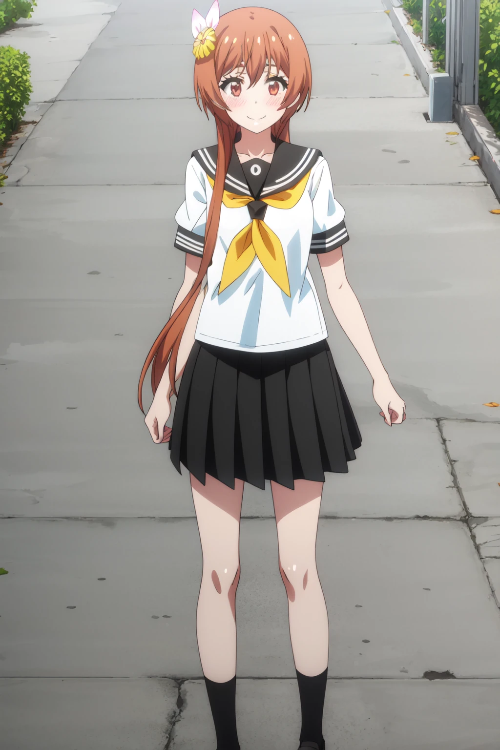 <lora:anime_screencap_v2:0.3> tall body, tall, long legs, mature female, mature, adult, <lora:GoodHands-beta2:1.4>
<lora:eft_nisekoi_orange-02:1> eft_nisekoi_orange, 1girl, school uniform, hair ornament, solo, skirt, flower, hair flower, serafuku, brown hair, long hair, smile, short hair with long locks, black skirt, pleated skirt, blush, short sleeves, cowboy shot