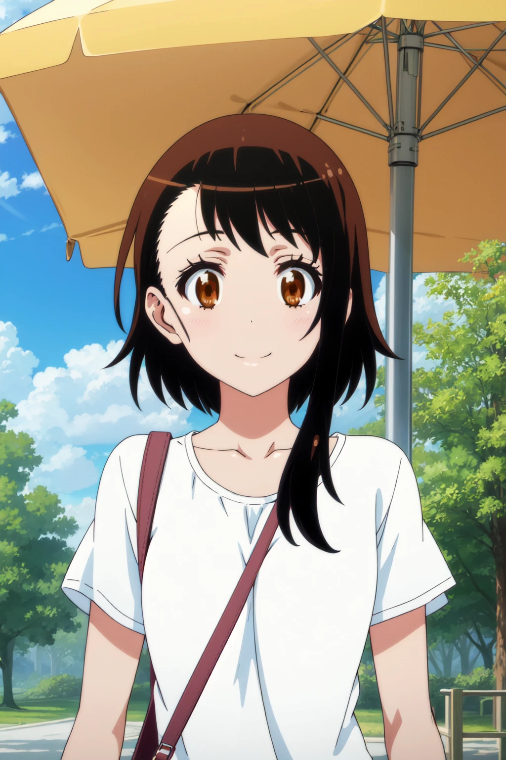 <lora:anime_screencap_v2:0.3> tall body, tall, long legs, mature female, mature, adult, <lora:GoodHands-beta2:1.4>
<lora:eft_nisekoi_ondera-02:1>, eft_nisekoi_ondera, 1girl, solo, brown eyes, smile, bag, day, outdoors, brown hair, looking at viewer, collarbone, shirt, sky, tree, upper body, cloud, short hair with long locks, short sleeves, short hair