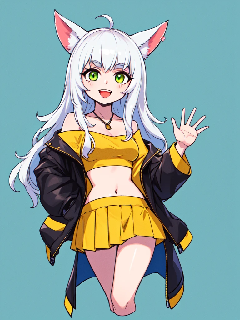 highres,detailed,best quality,masterpiece,illustration,wallpaper,1girl,solo,green eyes,smile,:d,long hair,white hair,animal ears,animal ear fluff,eyebrows visible through hair,medium breasts,navel,bare shoulders,yellow jacket,off shoulder,crop top,midriff,yellow skirt,hand up,waving,cropped legs,simple background,blue background,