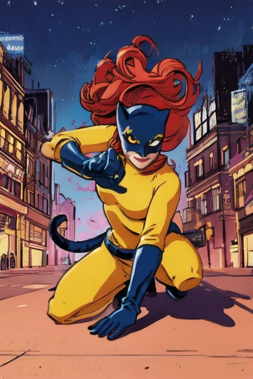 (Masterpiece, best quality:1.2), , 1girl, hellcat, redhair, yellow jumpsuit, cat mask, blue belt, blue boots, blue gloves, claws, action pose, city, night, dramatic lighting, detailed eyes, (perfect eyes), (((perfect hands))), face, smirk, <lora:Patsy_Walker_Hellcat-000006:1> <lora:detailed_eye:1> <lora:GoodHands-vanilla:1><lora:add_detail:0.8>, warm color tones, volumetric light, thick outlines, inked comic, (highrez)
