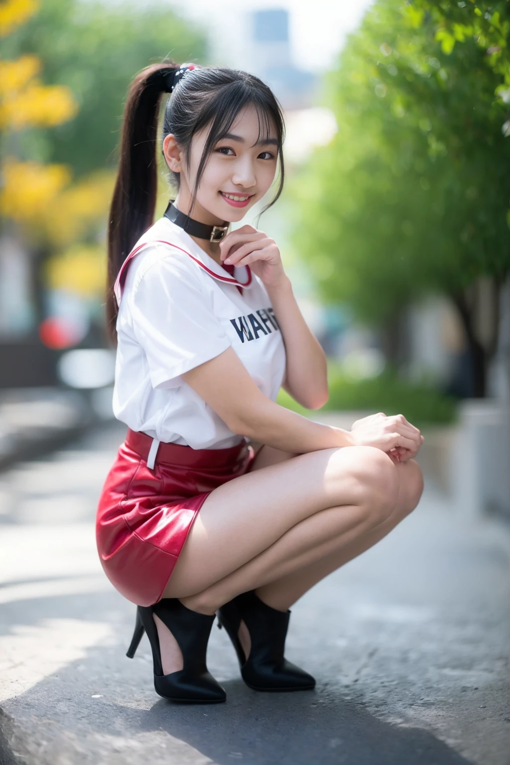 <lora:mayu_v01:0.9>,
(8k, RAW photo, best quality, masterpiece:1.2), (realistic, photo-realistic:1.37), omertosa,1girl, blurry background,city, sunlight,professional lighting, photon mapping, radiosity, physically-based rendering, backlight bokeh, blurry background,smile, mature,((black choker)), red lips, student ,((lights shinning on the face))
((full body,full_body,full-body)),
((thin leg, thin thigh, slim leg, slim thigh, long leg, light shinning on the leg, glowing leg, light shinning on the feet, glowing feet)),
jeans,
((high heels:1.2))
,
sunlight, ((outdoors)) ,((light shinning on the hair))
millitary uniform,t-shirt,bare midriff,
((ponytail hair)), ((floating hair)), black hair,straight hair, glowing hair,
135mm lens,,big breast,red lips,smile