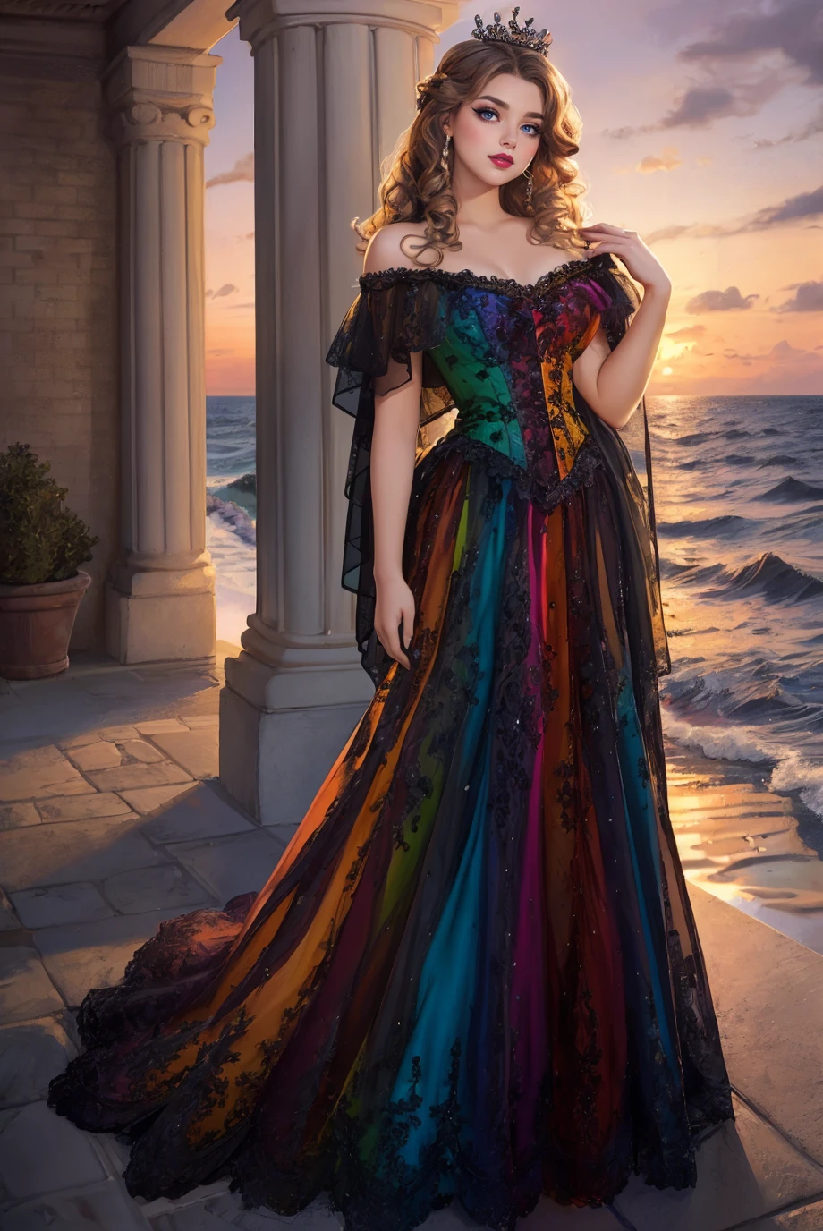 (Medium shot:1.1), woman, (looking_to_the_side:1.3), realistic, Adult, curvy, looking at viewer, (full body photo:1.3), (black long wavy hair:1.1), b34uty_g0wn_3,long multi colored gradient gown, lace, puffy underskirt, off shoulder, tiara, <lora:b34uty_g0wn_3-15:0.6>, best quality, high detail, high quality, high res, 4k,eyeliner, pouty lips, detailed skin texture, (blush:0.5), sunset background, smiling, vintage photo, Gibson Girl, <lora:vintage:0.7>