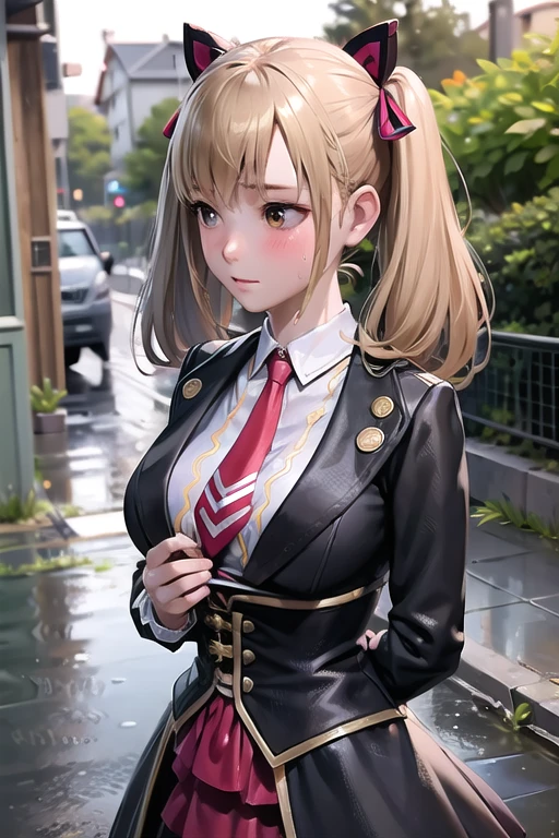 1girl, solo, depth of field, highres, upper body, blush, shy, rainy, wet dress, freef caroline, hair ribbon, school uniform, necktie, twintail, brown eyes, cleavage, breast, blonde hair, wet hair,