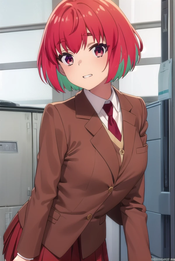 kanafujii, <lora:kana fujii s1-lora-nochekaiser:1>,
kana fujii, short hair, bangs, (red eyes:1.3), ahoge, red hair, multicolored hair, green hair, two-tone hair, thick eyebrows, grin,
BREAK skirt, shirt, long sleeves, school uniform, jacket, white shirt, pleated skirt, necktie, collared shirt, red skirt, blazer, red necktie, brown skirt, brown jacket,
BREAK indoors, classroom,
BREAK looking at viewer, (cowboy shot:1.5),
BREAK <lyco:GoodHands-beta2:1>, (masterpiece:1.2), best quality, high resolution, unity 8k wallpaper, (illustration:0.8), (beautiful detailed eyes:1.6), extremely detailed face, perfect lighting, extremely detailed CG, (perfect hands, perfect anatomy),