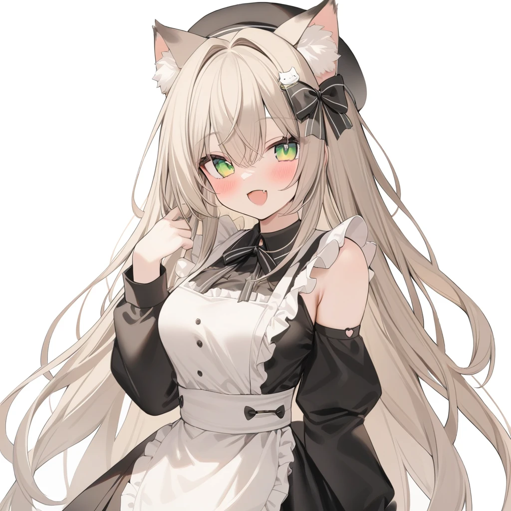 masterpiece,best quality,1girl, solo, animal_ears, simple_background, white_background, smile, green_eyes, animal_ear_fluff, long_sleeves, :d, white_apron, bow, hair_ornament, dress, black_dress, apron, hat, black_headwear, hand_up, long_hair, very_long_hair, blush, looking_at_viewer, fang, bangs, black_bow, frills, puffy_sleeves, frilled_apron, detached_sleeves, hair_bow, waist_apron, beret, hair_between_eyes, hair_intakes, cat_hair_ornament, breasts, jewelry, black_sleeves, sleeveless_dress, star_\(symbol\)