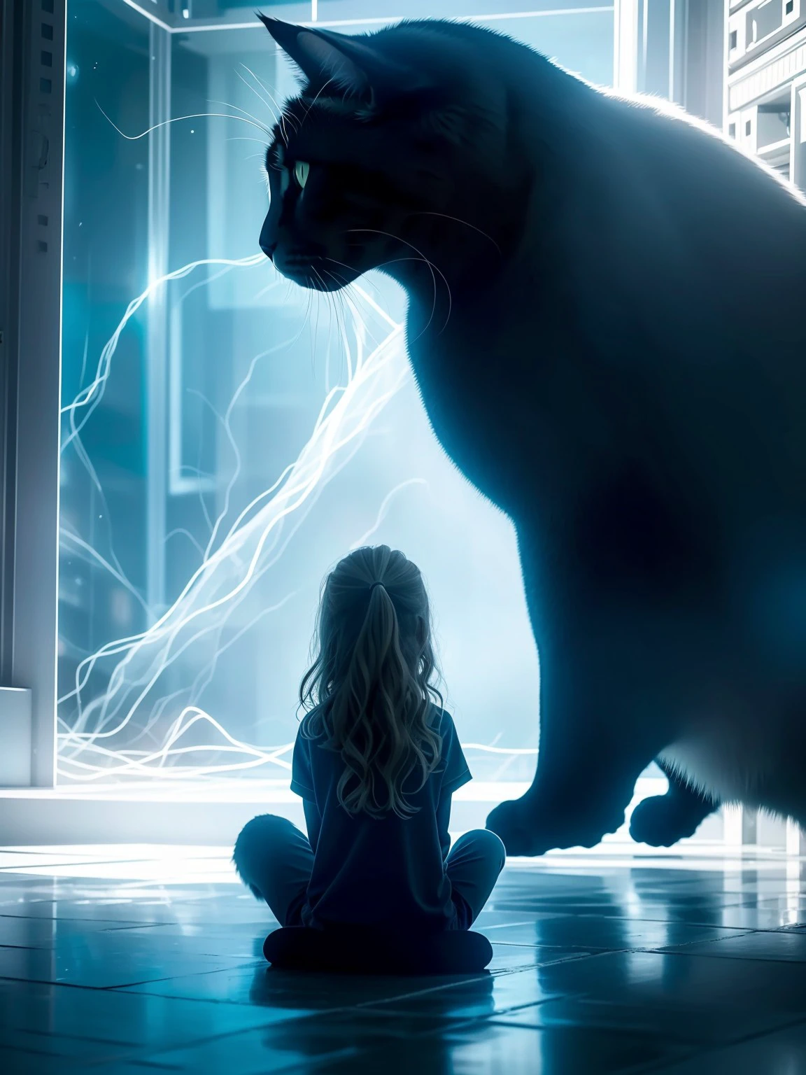masterpiece, high quality, a girl sitting by herself in front of a big black cat, guardian, <lora:guardian:0.8>