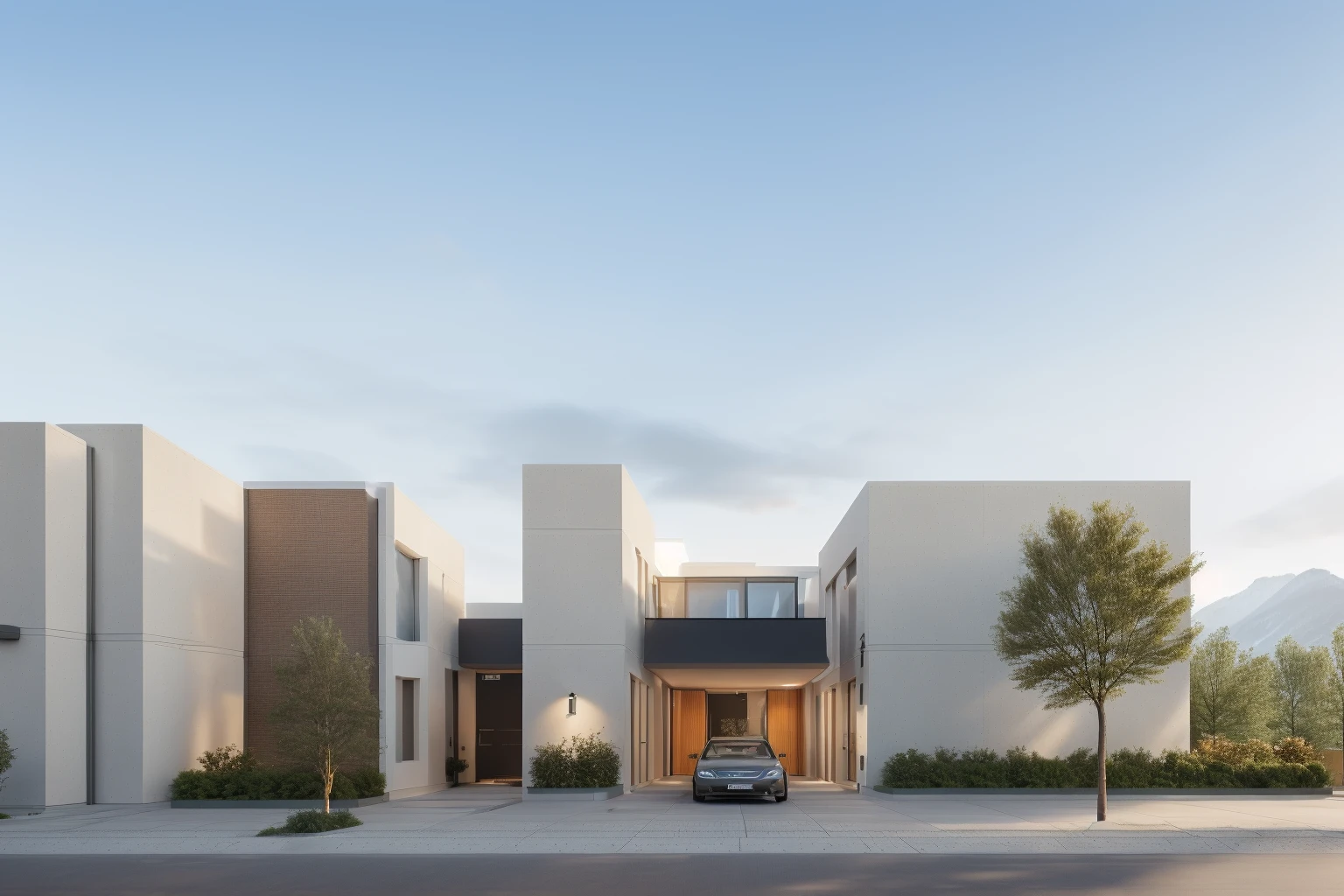 <lora:JJsMInimalistStyleHouse:0.7> ,((MInimalist Style House)), building,masterpiece , best quality, RAW photo, subject, 8k uhd, dslr, soft lighting, high quality, film grain, Fujifilm XT3, outdoors, sky, day, cloud, tree, blue sky, ground vehicle, building, scenery, road, lamppost, real world location,, door,entrance, beam,column, window, traffic light, lots of trees, sunlight, public blocks,daytime, mountains, public squares, lively city streets, enough detail, high resolution, 8k, HD, super realistic, Photorealistic, highly detailed,