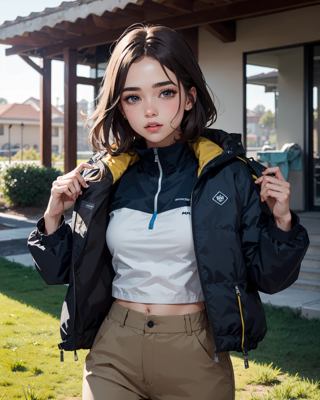 best quality,masterpiece,highly detailed,ultra-detailed, <lora:neg4all_bdsqlsz_V3.5:-1>,1girl,   <lora:cartoonisationer-V4-8:1.75>, 1girl, Athletic Vest: Designed for athletic use, usually made of moisture wicking material to provide more comfort to the athlete. Khakis , Similar to chinos but often in a deeper khaki color. (Puffer Jacket:1.3),Down or synthetic insulation,Bright colors or classic black Petite breasts ,,  narrow waist, Mohawk with Fiber Optic Spikes - Electric Blue    , fantastic details full face, dot nose,detailed Sleepy eyes, bronze iris, straight eyebrows, hazelnut beautiful Detailed Eyes,    lips at University Campus - lively and youthful, with sprawling lawns and diverse architecture.
