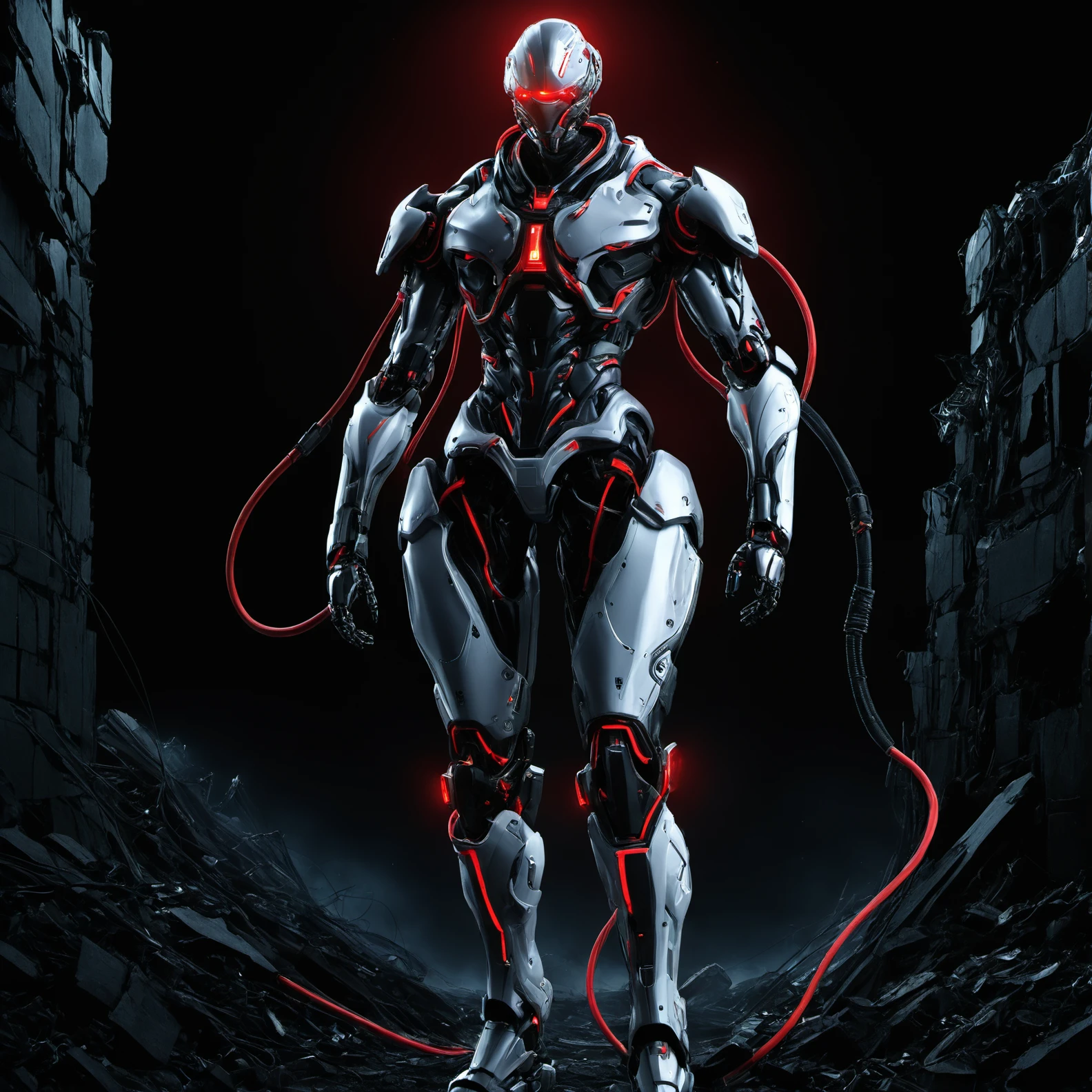 FUNDING,future,concept robot,simple background,1boy,standing,male focus,helmet,robot,black background,science fiction,cable,cyborg,wire,humanoid robot,<lora:FN_WeiLai:1.2>,avoid busy backgrounds,rubble_ruins,black and white robots,full_body,there is a red light emitting from the gaps in the armor,