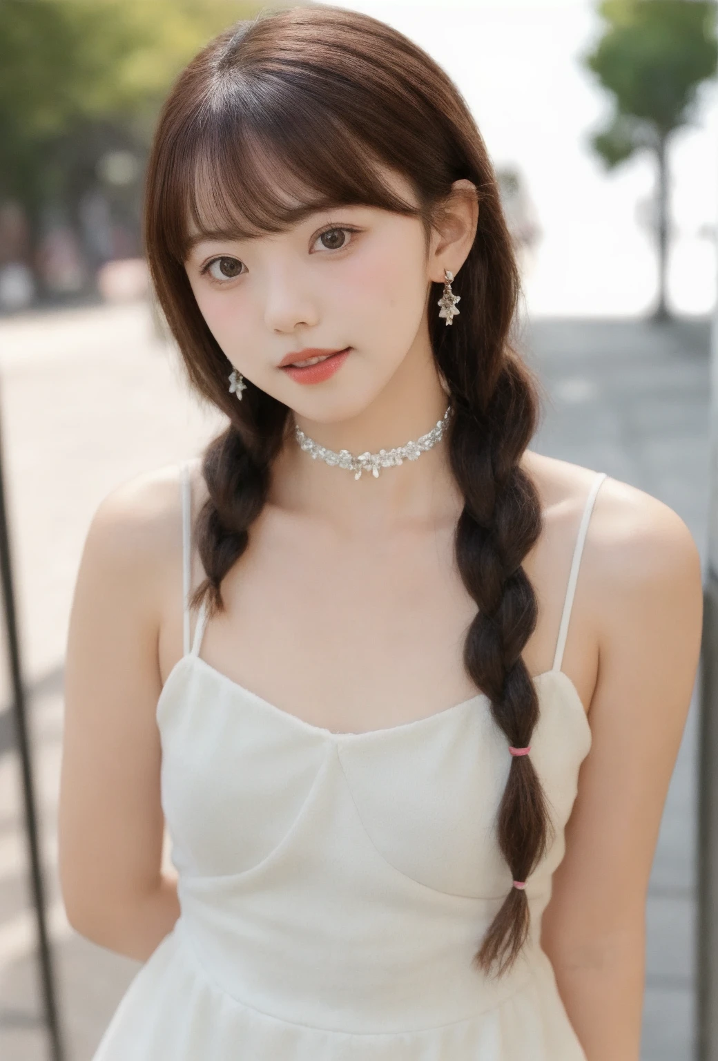 1girl, high quality, looking at viewer, upper body,sundress, hair ornament, simple background, depth of field, arm behind back, park,outdoors, braid, parted lips, choker, earrings,
<lora:yznn_v1-000008:0.68>