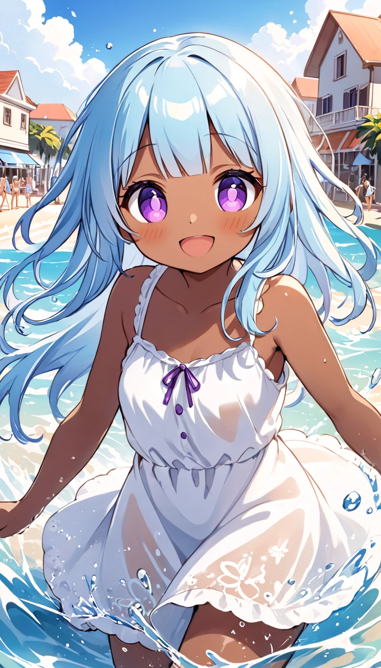 best quality, dark-skinned young 1girl, cute face, light blue hair, long hair, blunt bangs, purple eyes, detailed eyes, eye highlight, flat body, wearing sleeveless white summer dress, enjoy playing in water, water splash, smile, open mouth, beautiful beach, town, daytime,