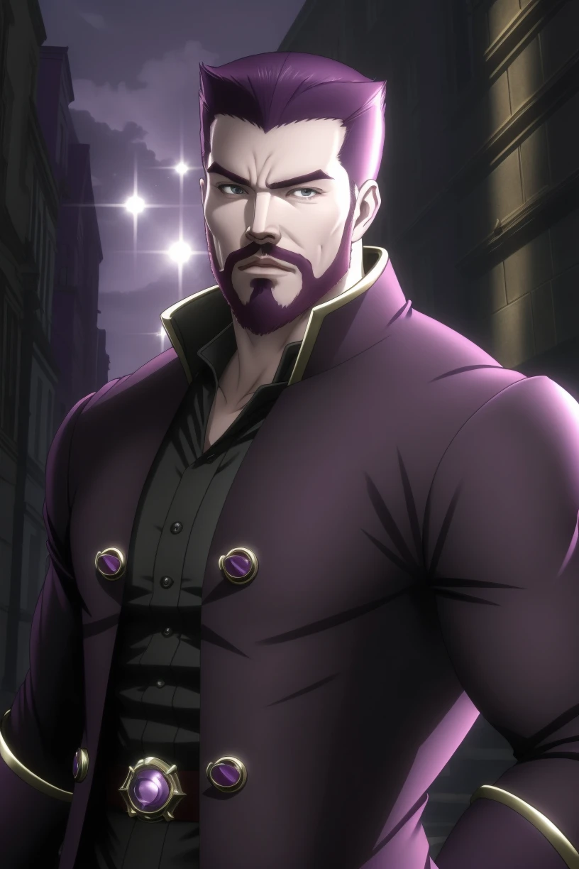 <lora:JackTheRipperJojo:1>, jacktheripper, muscular, pale skin, purple coat, portrait