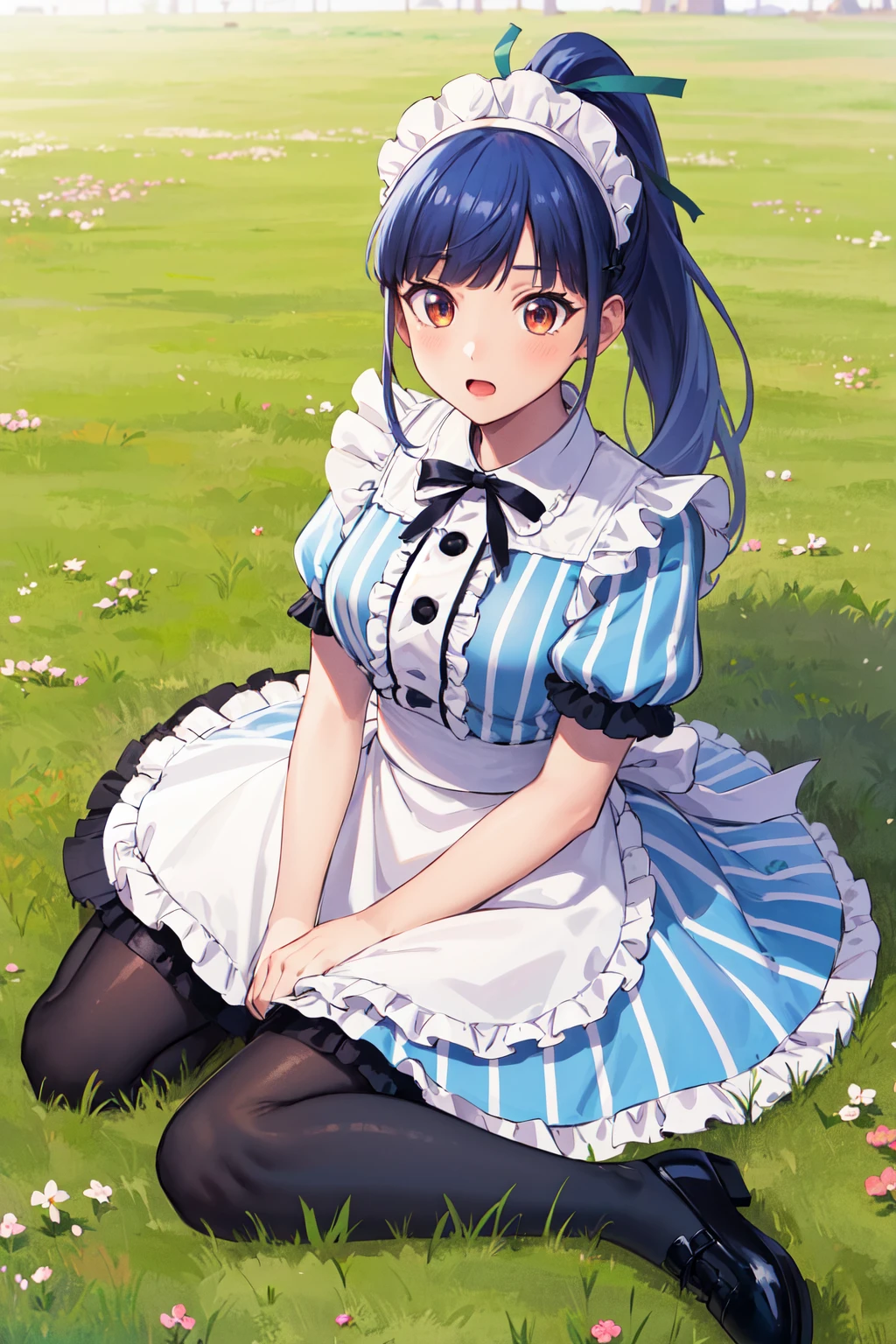 masterpiece, best quality, highres, 1girl, solo, long hair, blue hair, ponytail, hair ribbon, maid headdress, brown eyes, neck ribbon, frills, vertical stripes, blue dress, short sleeves, apron, black pantyhose, <lora:tsuruga_ami_v1:0.7>, wariza, grass, field,