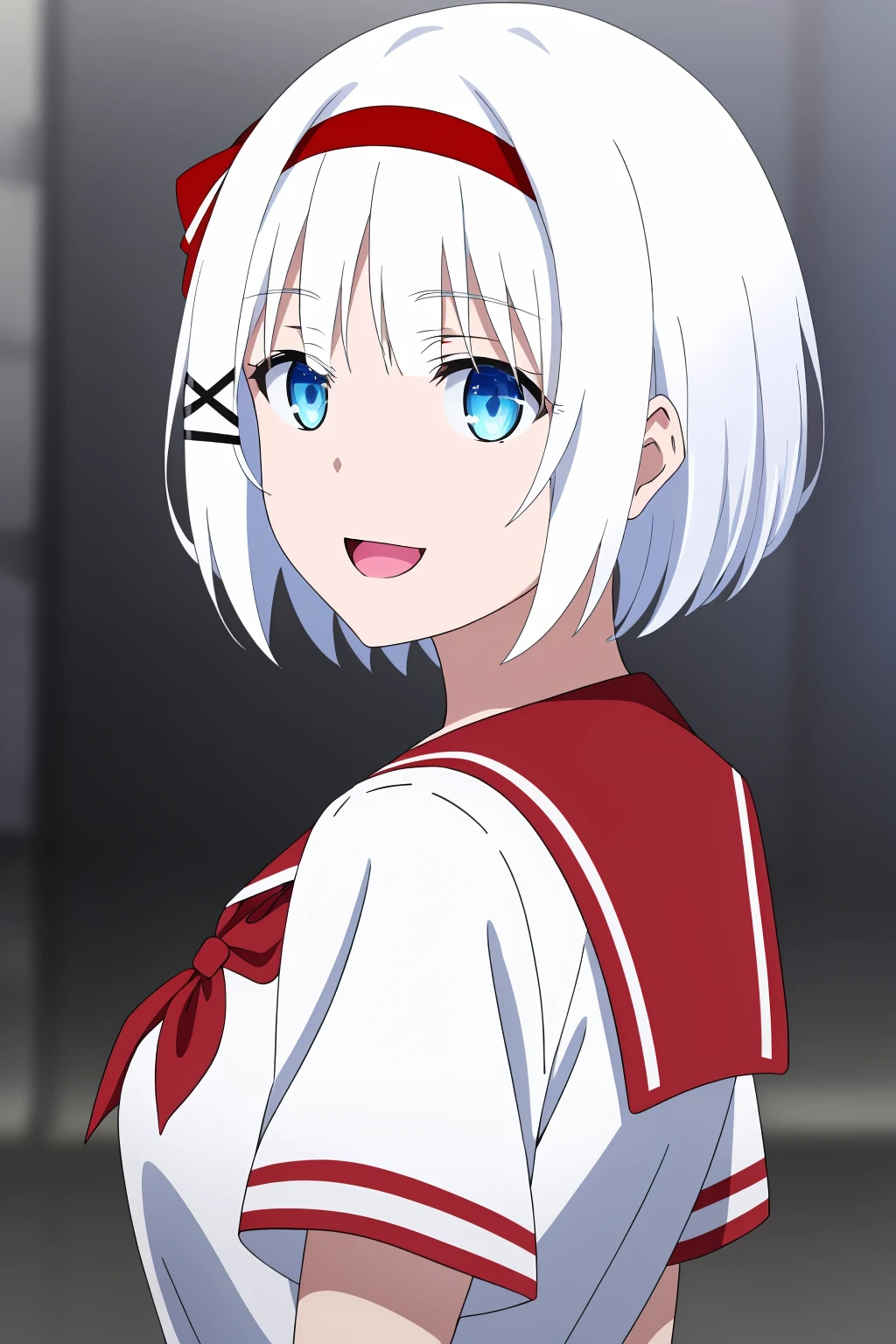 ((best quality)),((highly detailed)),masterpiece,absurdres,detailed face,beautiful face,(detailed eyes, deep eyes),1girl,((dynamic pose)) , <lora:SiestaV1:0.7>Siesta, solo, blue eyes, hair ornament, school uniform, short hair, open mouth, white hair, looking at viewer, x hair ornament, smile, ribbon, hair ribbon, upper body, blurry background, bangs, sailor collar, white shirt, hairclip, hairband, shirt, blurry, :d, serafuku, red ribbon, red hairband, looking back, red bow, bow, red sailor collar, breasts, portrait, depth of field, looking to the side, from side, blue background, outdoors, short sleeves