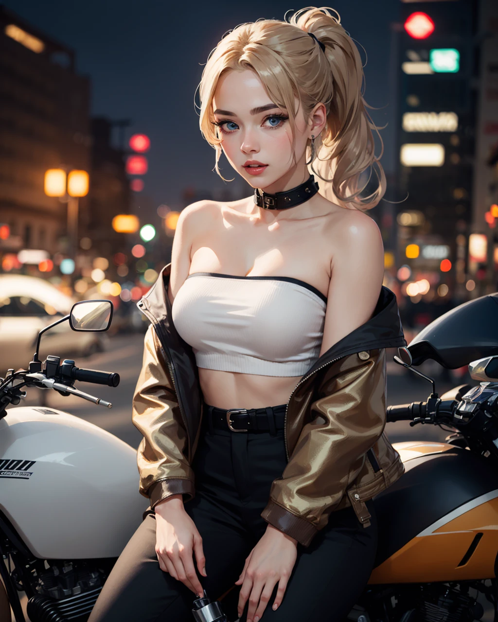 best quality,masterpiece,highly detailed,ultra-detailed, <lora:neg4all_bdsqlsz_V3.5:-1>,1girl, <lora:cartoonisationer-V4-8:1.75>, 1girl, Strapless Tank Top: Styles with a strapless design add a touch of sexiness and style. Wool Trousers , Formal or cold-weather pants made of wool for warmth. (Motorcycle Jacket:1.3), Leather, Black or brown, Average-sized breasts ,, narrow waist, Braided Ponytail with Neon Ribbons - Metallic Gold , fantastic details full face, dot nose,detailed Monolid eyes, sky blue iris, thin eyebrows, pale blue beautiful Detailed Eyes, lips at Comedy Club - lively and fun, with humorous acts and relaxed seating.
