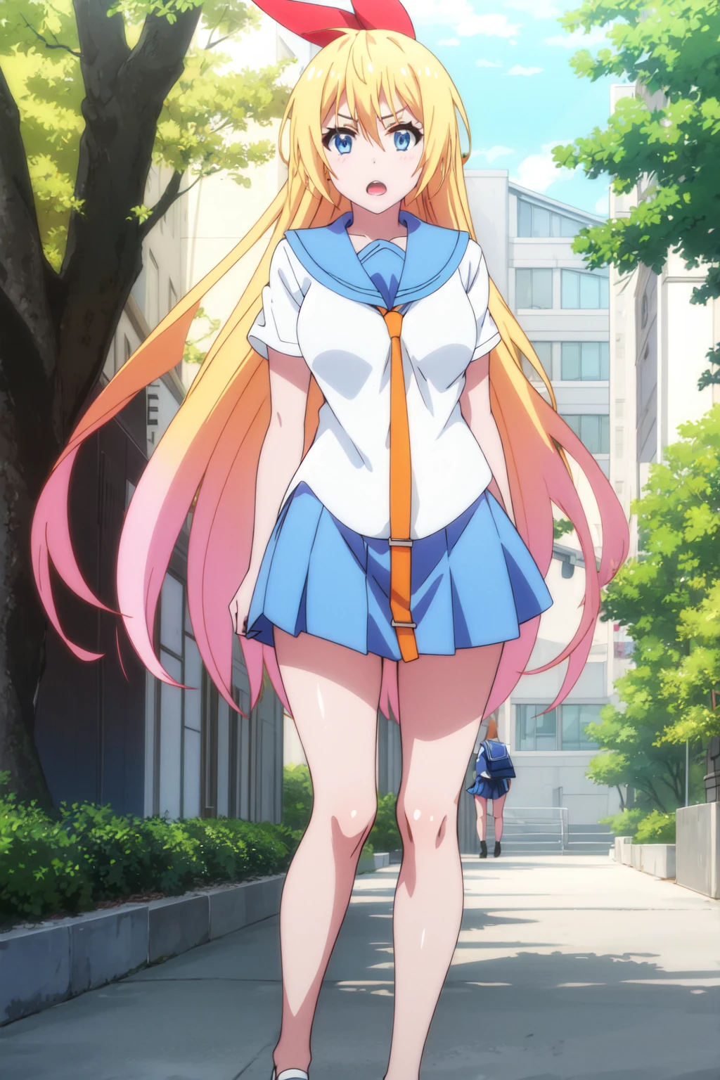 <lora:anime_screencap_v2:0.3> tall body, tall, long legs, mature female, mature, adult, <lora:GoodHands-beta2:1.4>
<lora:eft_nisekoi_chitoge-02:1> eft_nisekoi_chitoge, 1girl, long hair, solo, school uniform, blue eyes, blonde hair, ribbon, skirt, hair ribbon, necktie, open mouth, pleated skirt, serafuku, blue skirt, sparkle, red ribbon, looking at viewer, very long hair, sailor collar, tree, orange necktie, shirt, blue sailor collar