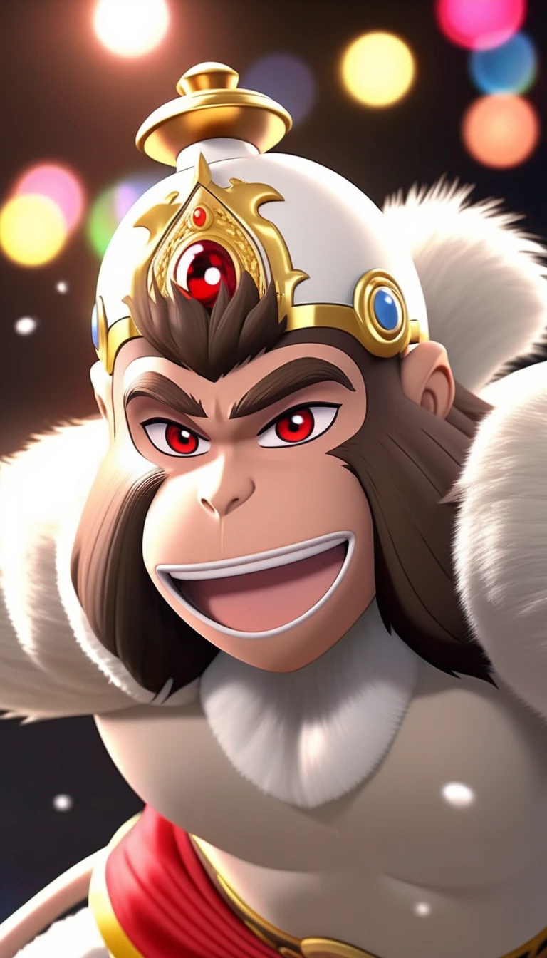 H8NUM8N, anime style, full body, wide angle, brown hair with smile, golden crown, monkey face, (happy:1.5), white furry body, red cloth, bloom, ambient occlusion, sun, beautiful detailed eyes, masterpiece, glowing flowers behind, light particles, bokeh, depth of field, 8k, highly detailed