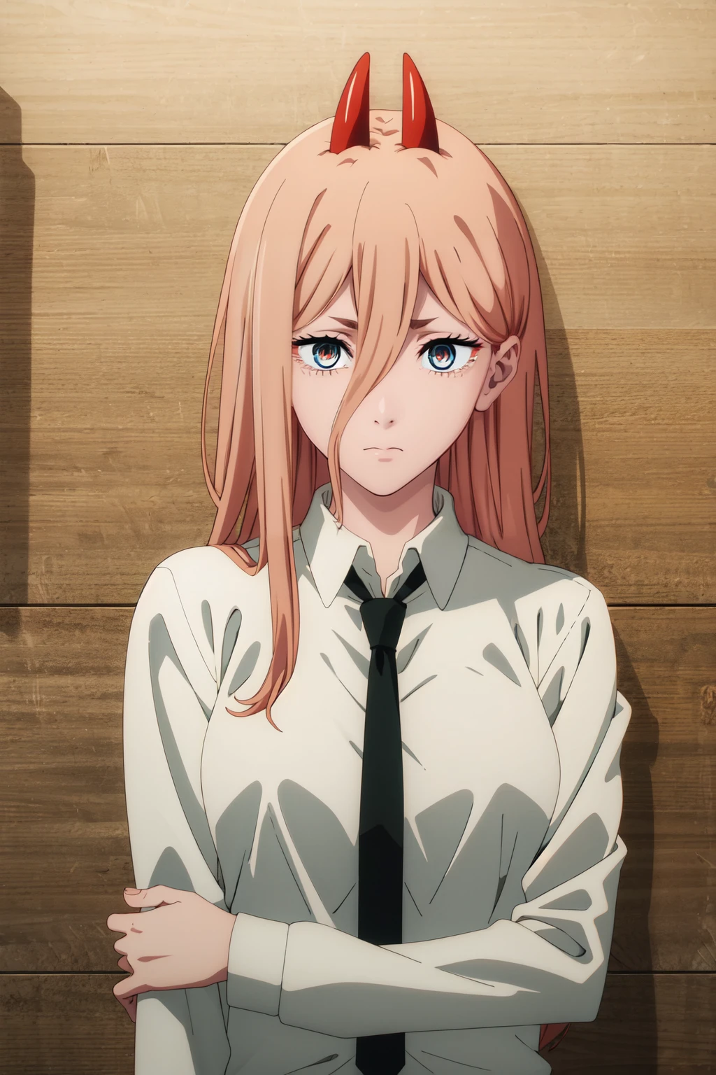 <lora:anime_screencap_v2:0.3> tall body, tall, long legs, mature female, mature, adult, <lora:GoodHands-beta2:1.4>,
<lora:eft_power-02:0.8>,EFT_Power, power (chainsaw man), 1girl, necktie, solo, horns, symbol-shaped pupils, shirt, red horns, long hair, black necktie, hair between eyes, white shirt, collared shirt, cross-shaped pupils, yellow eyes, pink hair, upper body, long sleeves, demon horns