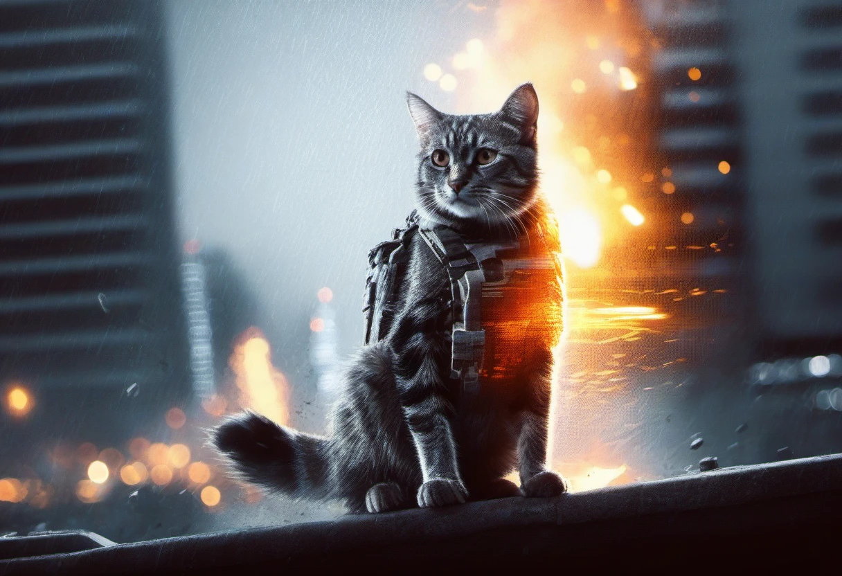 cinematic film still, A cat, bf4, <lora:BFXL-000020:1> . city, vignette, highly detailed, high budget, cinemascope, moody, epic, gorgeous, film grain, grainy, fire, explosion