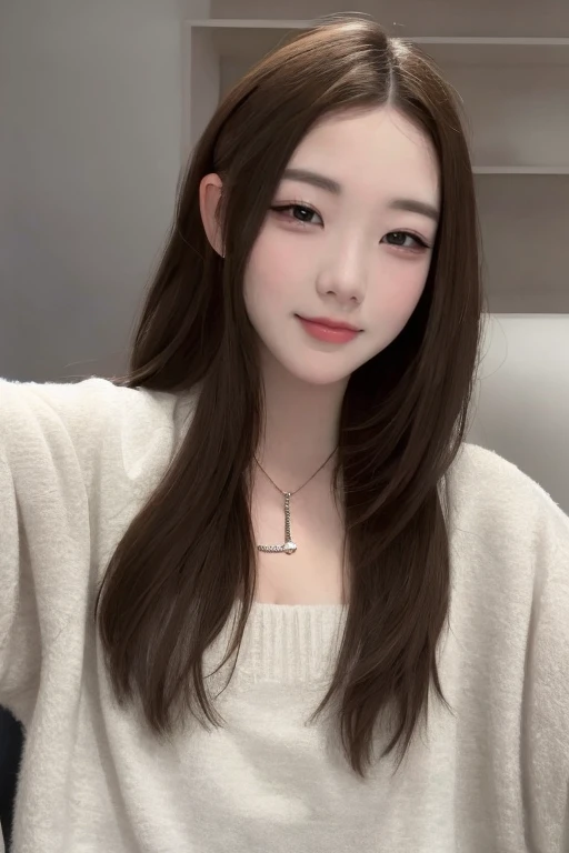 4k, 8k, ultra highres, raw photo in hdr, sharp focus, intricate texture, skin imperfections, realistic, detailed facial features, highly detailed face, posing,perfect lighting,long hair,black hair,makeup,necklace, sitting,close-up,selfie,sweater,<lora:Kiittwy:0.7> kittwy1, petite, smile