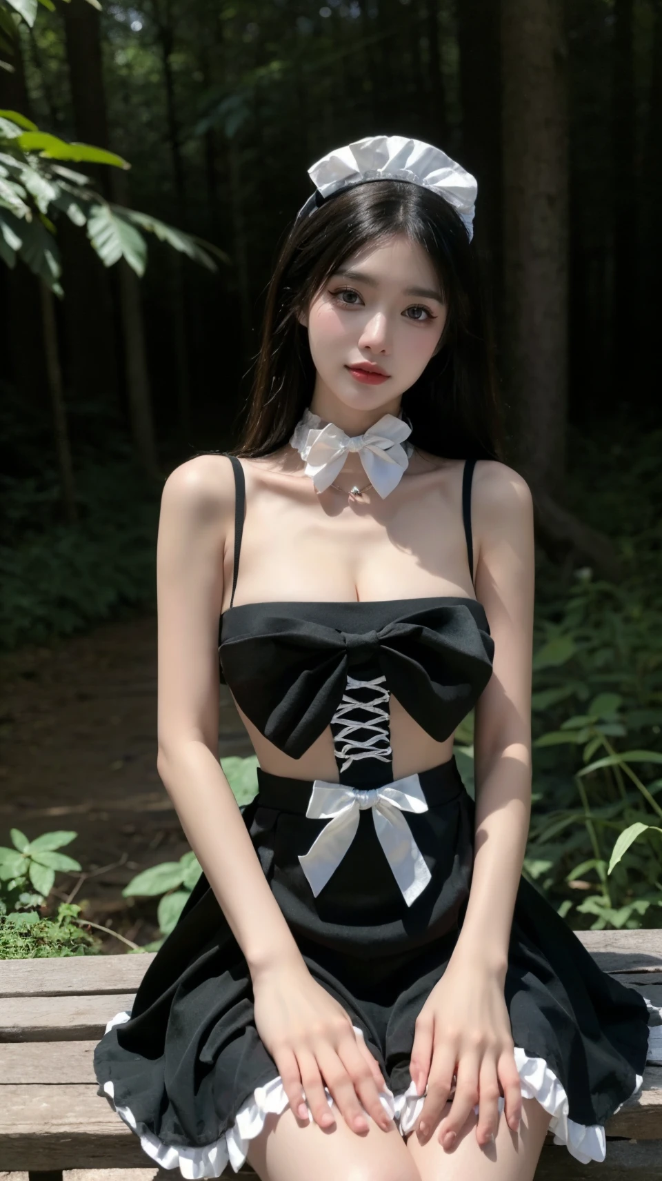 best quality,HDR,UHD,8K,Vivid Colors,solo,photo_,(1girl:1.3),(sitting:1.3),(looking at viewer:1.4),Elegant,detailed gorgeous face,(forest background:1.3),(cowboy shot:1.4),<lora:rc89:0.75>,rc,bow,maid apron,