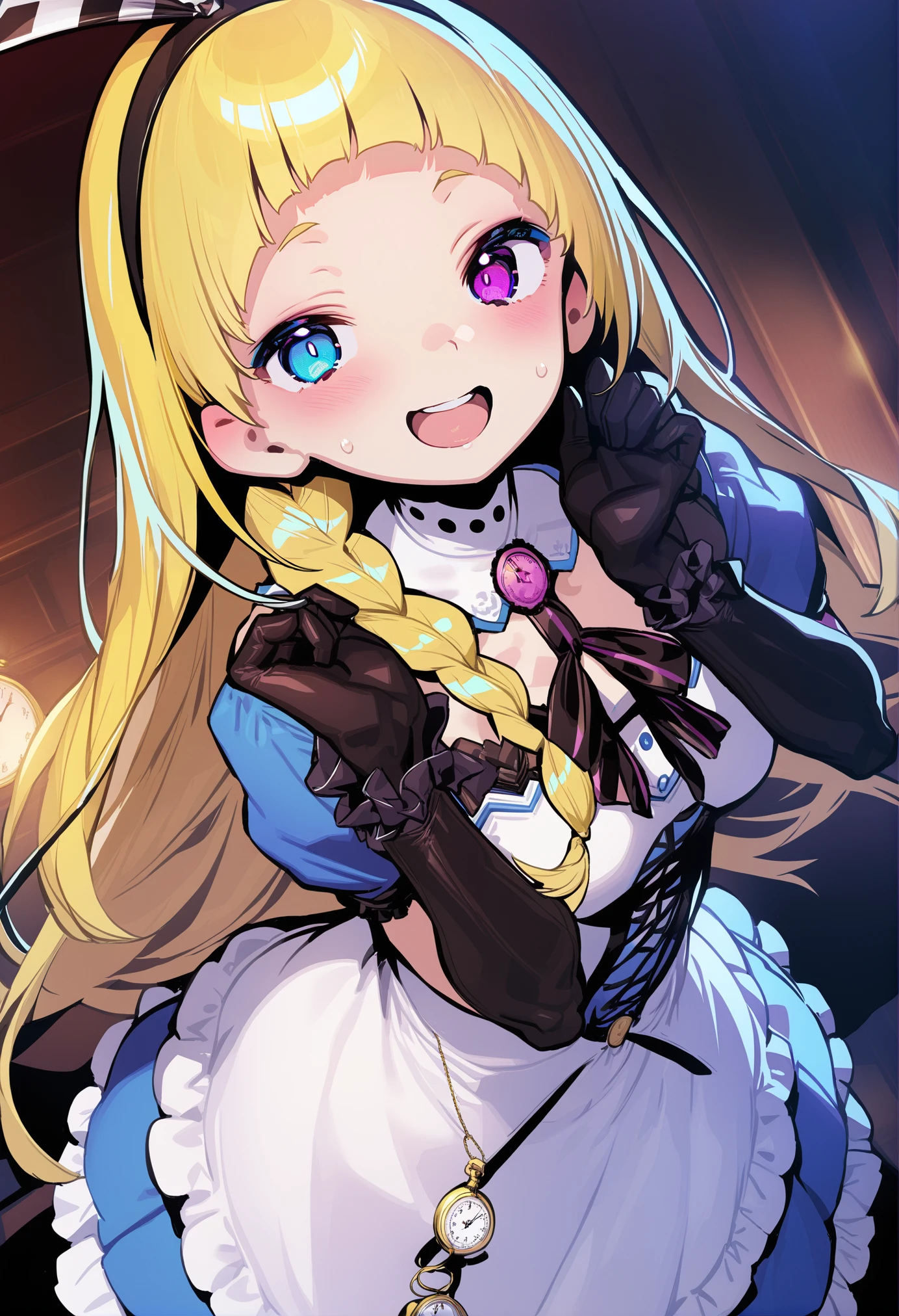 masterpiece, best quality, <lora:DohnaXL_V1:1>
1girl, blonde hair, long hair, solo, dress, gloves, blue eyes, heterochromia, open mouth, braid, looking at viewer, smile, blush, hairband, black gloves, virtual youtuber, watch, bangs, pocket watch, teeth, purple eyes