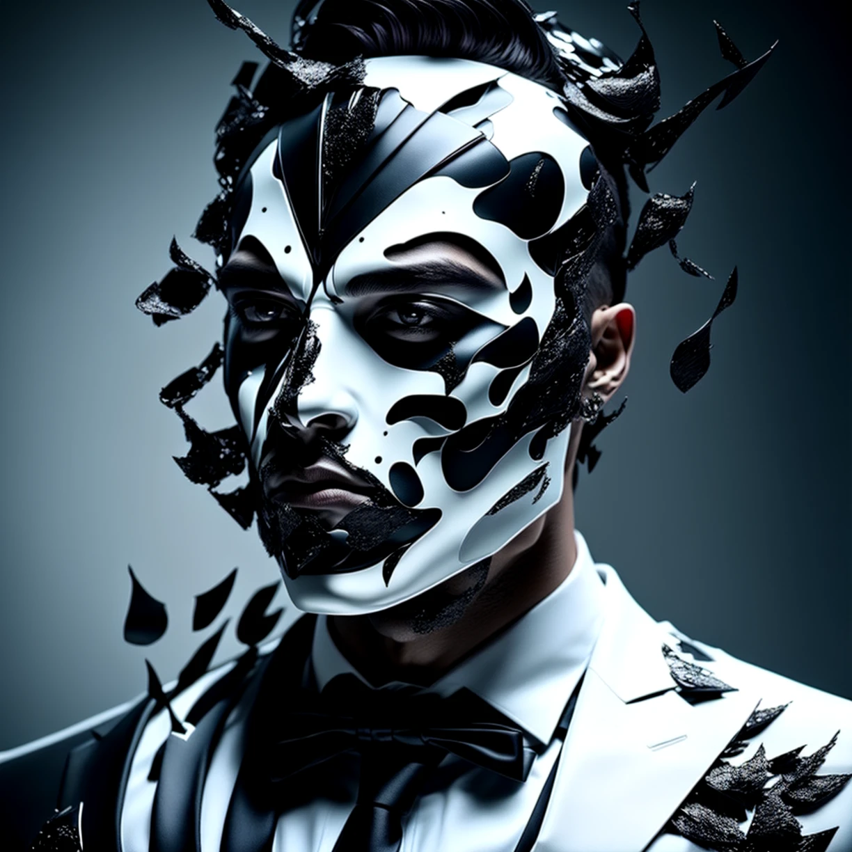 ohwx, a man in a suit and tie with a face made of metal