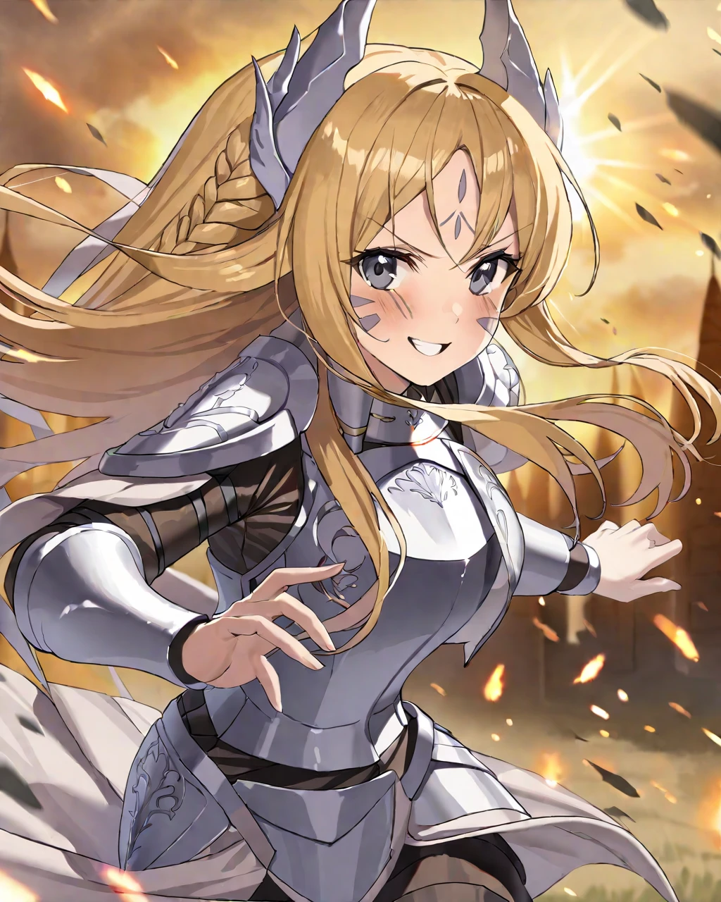 <lora:EcclesiaLoraXL:0.7>,(1girl:1.2),(solo:1.2),masterpiece,best quality,nice hands,perfect hands,long hair,surprised smile,blonde hair,armor,grey eyes,facial mark,battle field background,running toward viewer