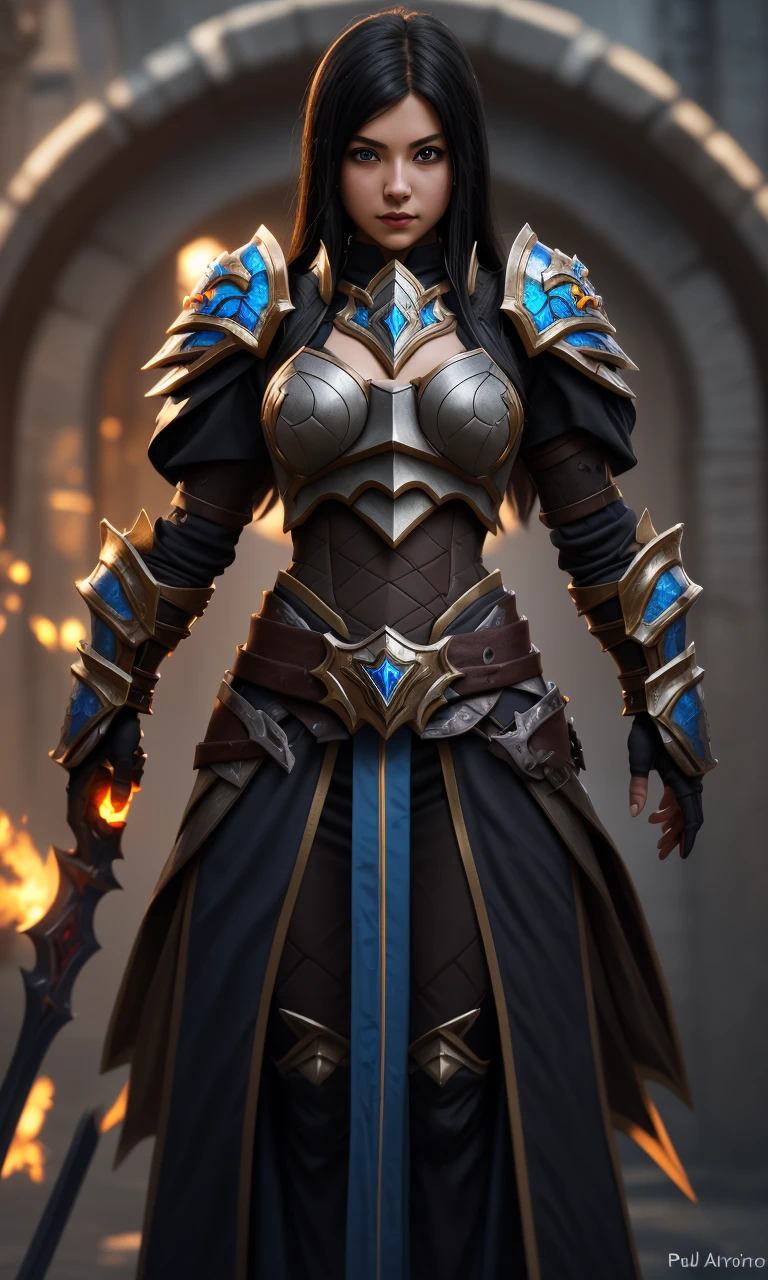 epicarmor2024, 1girl, best quality, masterpiece, raw photo, depth of field, looking at viewer, pauldrons, glowing accents, magical, vibrant colors, fantasy, epic Armor, 5 fingers, depth of field, black hair,