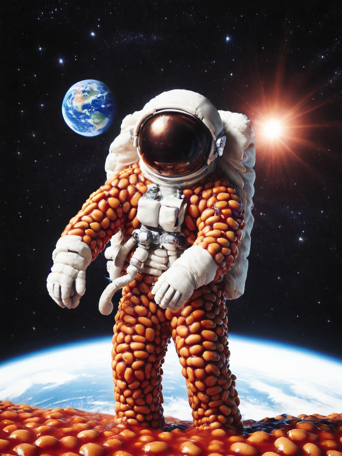 An ais-beanz astronaut conducting a spacewalk, Earth shining in the backdrop <lora:Beanz_Style_SDXL:1>