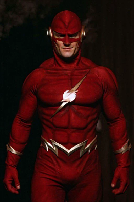 cinematic film still of Cinematic Film Footage
Flash90s
 <lora:Cinematic Film:1>
whole body photo ofthe flash, handsome face, masked john wesley shipp, smiling, , wearing the flash red suit, thunder logo on chest, muscle suit, red lycra pants, red boots, smoky lightning portals background, shallow depth of field, vignette, highly detailed, high budget, bokeh, cinemascope, moody, epic, gorgeous, film grain, grainy, detailed face