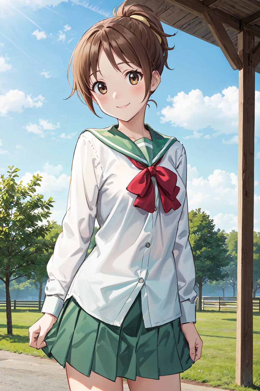 masterpiece,best quality,highres,ultra-detailed,aaui,short hair,ponytail,hair ribbon,school uniform,serafuku,green sailor collar,ribbon,(white shirt:1.2),long sleeves,green skirt,white socks,loafers,<lora:hirasawa_ui:0.7>,outdoors,standing,cowboy shot,smile,