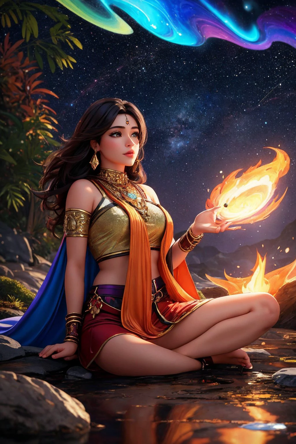 indian woman 25yo, Brown-haired head, a fall, Anxiety, melting into a magical puddle of stars, vibrant colors, highly detailed, digital painting, Style-Gravitymagic, artstation, concept art, smooth, sharp focus, illustration, Unreal Engine 5, 8K,, (masterpiece), (realistic), 8k, RAW photo, very wide shot, octane render, unreal engine, volumetrics dtx, (film grain, bokeh, blurry foreground)