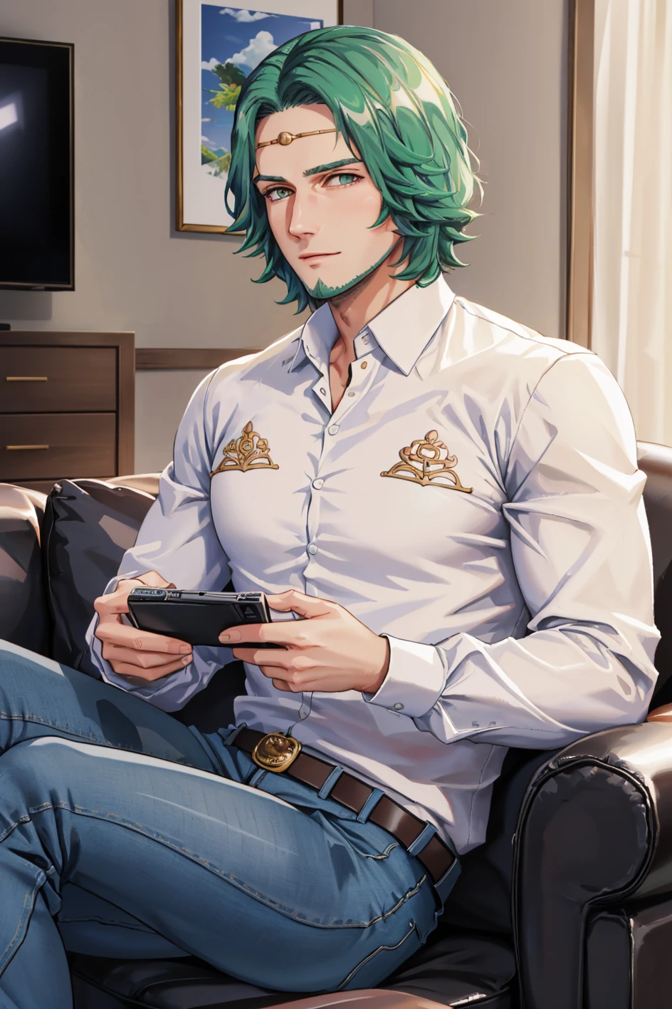 masterpiece, living room, couch, sitting, 1boy, mature male, holding tv remote, watching tv, <lora:SetethFE3H-bsinky-v1:0.75> setethFE, beard, jeans, white dress shirt