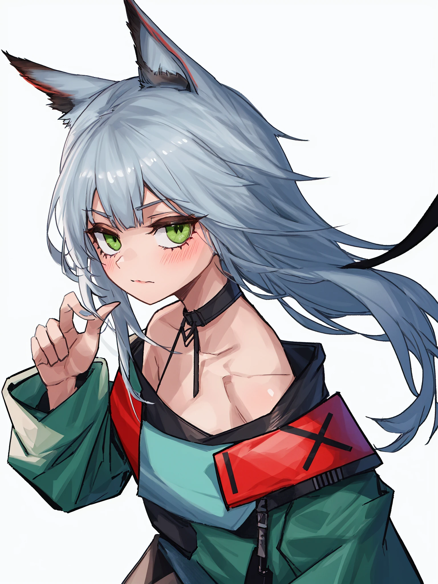 1girl, solo, kal'tsit \(arknights\), green eyes, long hair, silver hair, animal ear fluff, animal ears, bangs, closed mouth, looking at viewer, bare shoulders, armband, strapless, off shoulder, bandeau, jacket, simple background, tube top, upper body, white background,best quality,amazing quality,very aesthetic,absurdres,