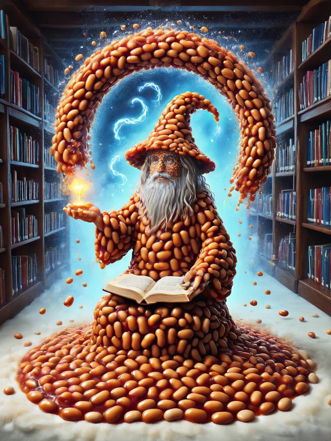 An ais-beanz wizard, in a library, books floating around as magic swirls <lora:Beanz_Style_SDXL:1>