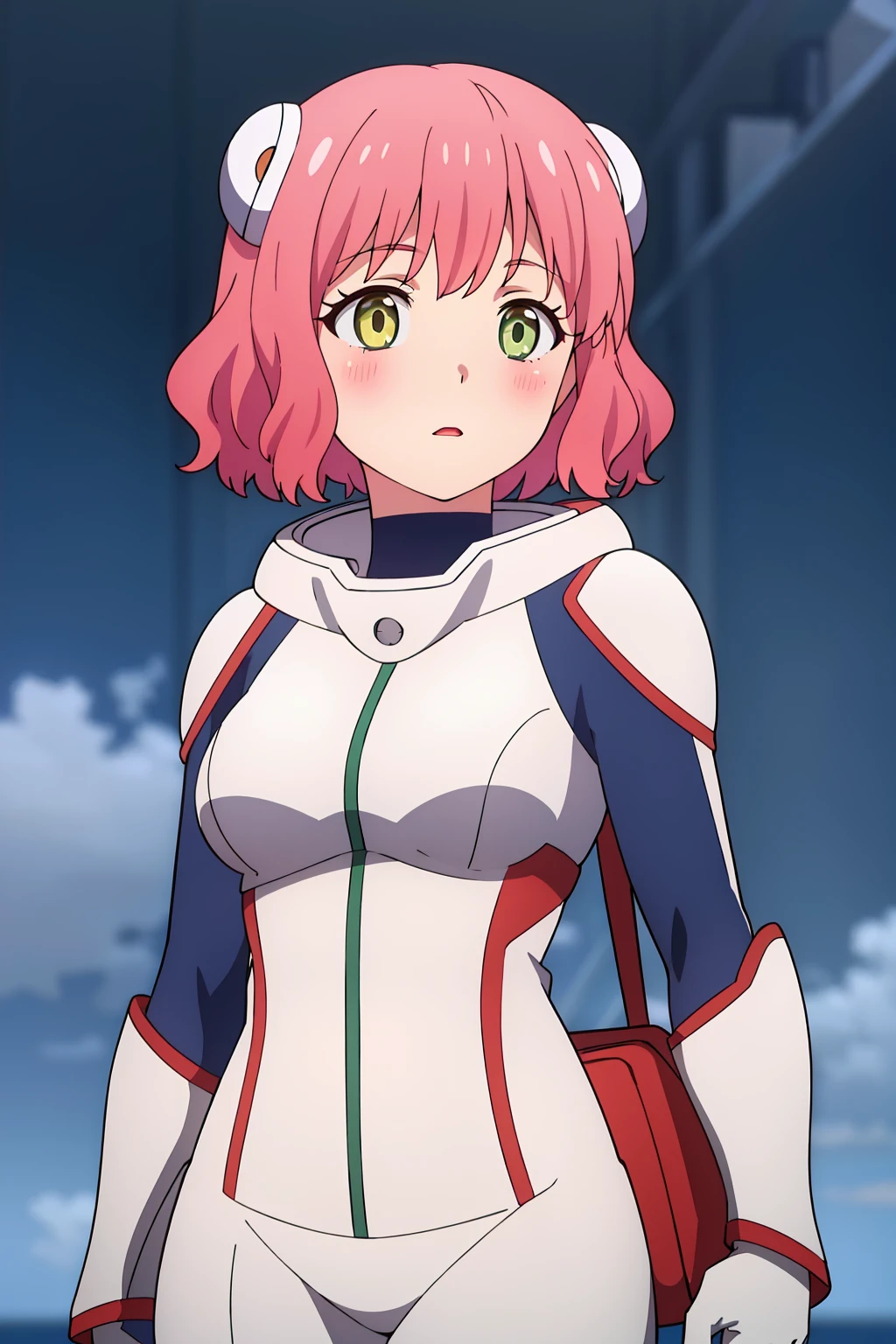 ((best quality)),((highly detailed)),masterpiece,absurdres,detailed face,beautiful face,(detailed eyes, deep eyes),1girl,((dynamic pose)) , <lora:AriesV1:0.7>Aries, heterochromia, solo, pink hair, green eyes, short hair, looking to the side, cowboy shot, bangs, open mouth, parted lips, looking away, hair ornament, spacesuit, portrait, sky, bodysuit, :o, blue background, blue sky, red hair, bag, cloud, gloves, hairpods, day, blurry, yellow eyes, horns, headgear, white gloves, blush, wavy hair, blurry background, medium hair <lora:animemix_16:0.8>