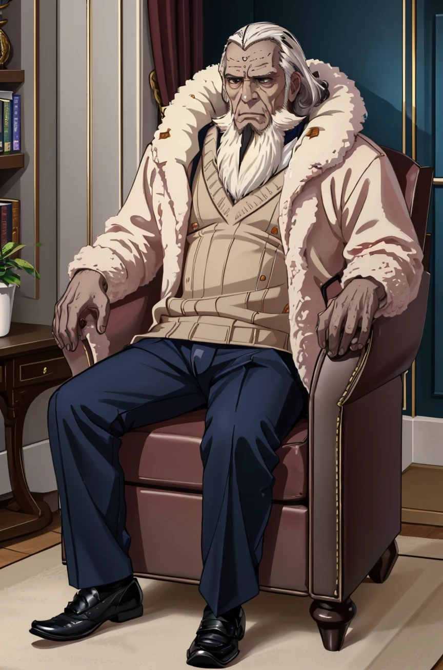 masterpiece, full body, sitting, armchair, living room, sweater, pants, shoes, 1boy, old man, grimace, furrowed brow, <lora:GaronFE:0.75> garonFE, facial hair, colored skin, gray skin