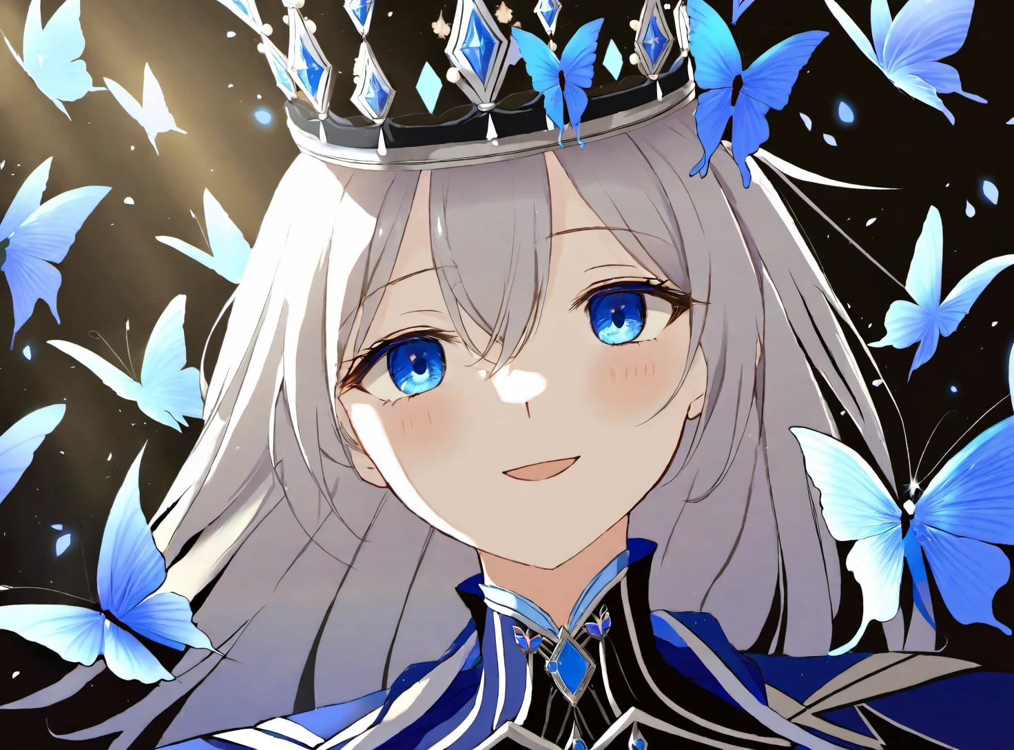 a person with pale skin, blue eyes, and silver hair. wearing a black and blue outfit with a white cape. They have a crown on their head and are surrounded by blue butterflies. smiling and has a gentle expression on their face. The camera angle is up-close and personal, and the background is dark with a spotlight on the person