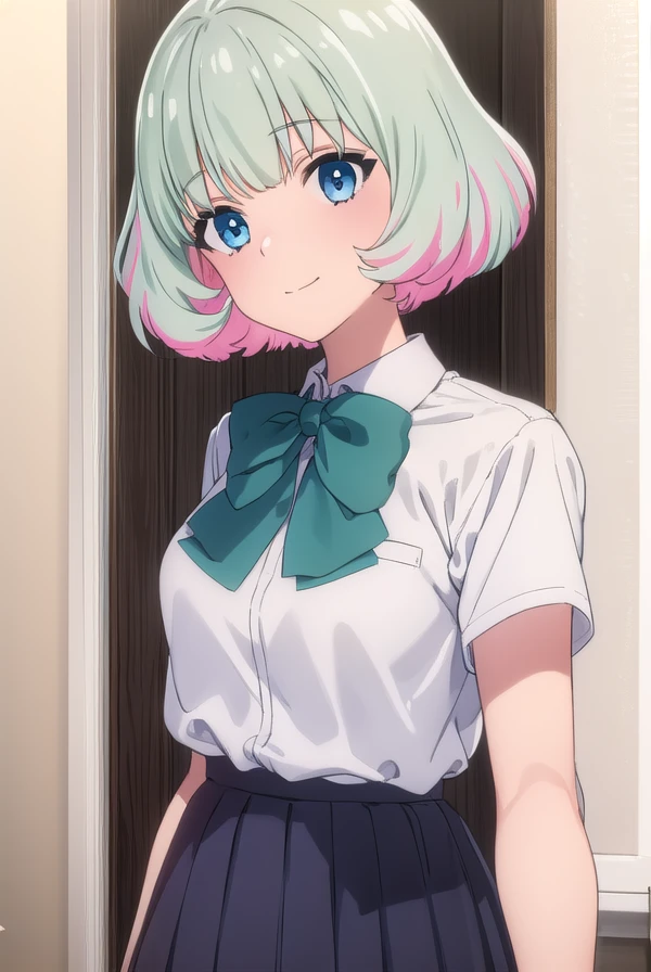 hibikimorishima, <lora:hibiki morishima s1-lora-nochekaiser:1>,
hibiki morishima, short hair, bangs, blue eyes, grey hair, pink hair, multicolored hair, two-tone hair, smile,
BREAK skirt, shirt, thighhighs, bow, school uniform, white shirt, short sleeves, pleated skirt, collared shirt, bowtie, white thighhighs, green bow, pocket, brown skirt, shirt tucked in, breast pocket, green bowtie,
BREAK indoors, classroom,
BREAK looking at viewer, (cowboy shot:1.5),
BREAK <lyco:GoodHands-beta2:1>, (masterpiece:1.2), best quality, high resolution, unity 8k wallpaper, (illustration:0.8), (beautiful detailed eyes:1.6), extremely detailed face, perfect lighting, extremely detailed CG, (perfect hands, perfect anatomy),