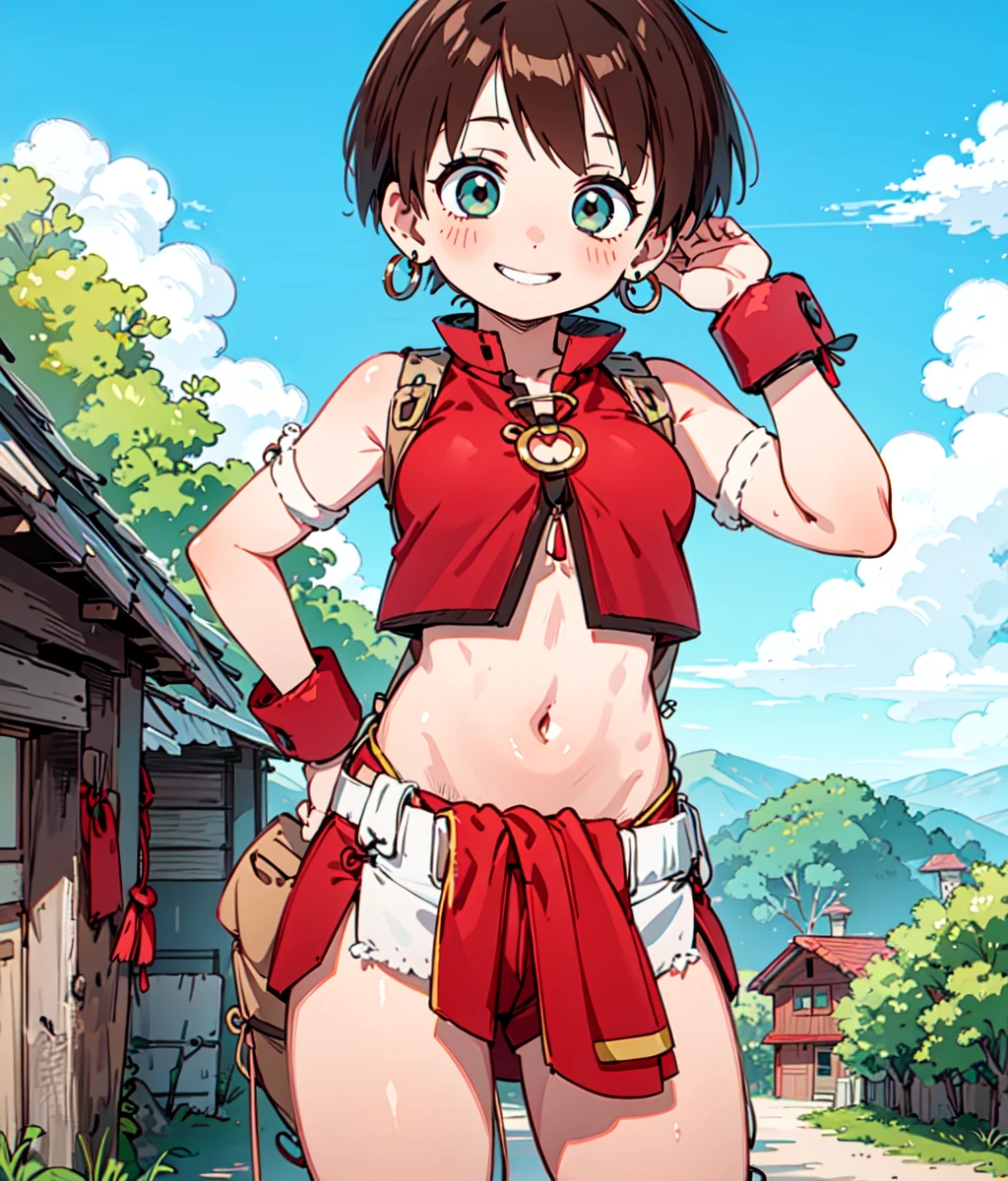 masterpiece, high res, anime screencap, 1 girl, solo, short hair, brown hair, earrings, red top, loincloth, wristbands, smilings, hand on head, port town, medieval, outdoors, full body, cowboy shorts <lora:Mitsuba:1>