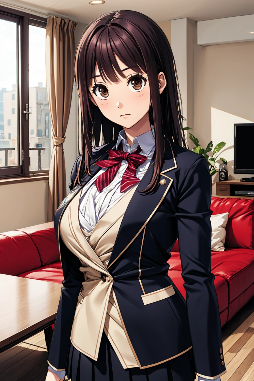 1girl, aoi, teen, <lora:cmviia5e878c73a22oh0:1>, upper body, solo focus, brown eyes, looks at the viewer, closed mouth, brown hair, (masterpiece, best quality:1.2), pale skin, (slim body:1.1), large breasts, blazer, pleated miniskirt, tights, ultra detailed, intricate details, official art, 32k, extremely detailed cg unity 8k wallpaper, high quality, highres, photoshop, in a modern living room in an apartment, blurred background