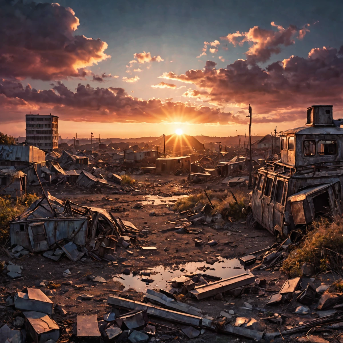 post-apocalyptic sunset at the end of the world of the new dawn aquarelle drawing, high quality photography, 3 point lighting, flash with softbox, 4k, Canon EOS R3, hdr, smooth, sharp focus, high resolution, award winning photo, 80mm, f2.8, bokeh